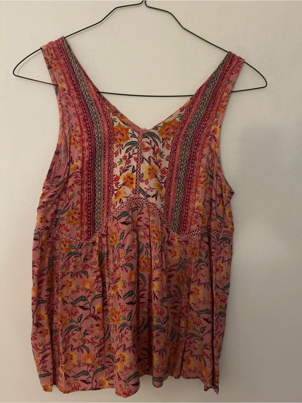 Blue Rain Pink Floral V-Neck Tank with Boho Trim